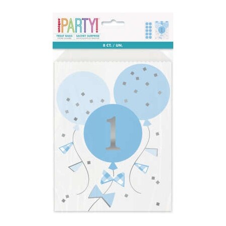 Product Image for Blå ternet slikposer med balloner 1 år 8 stk.