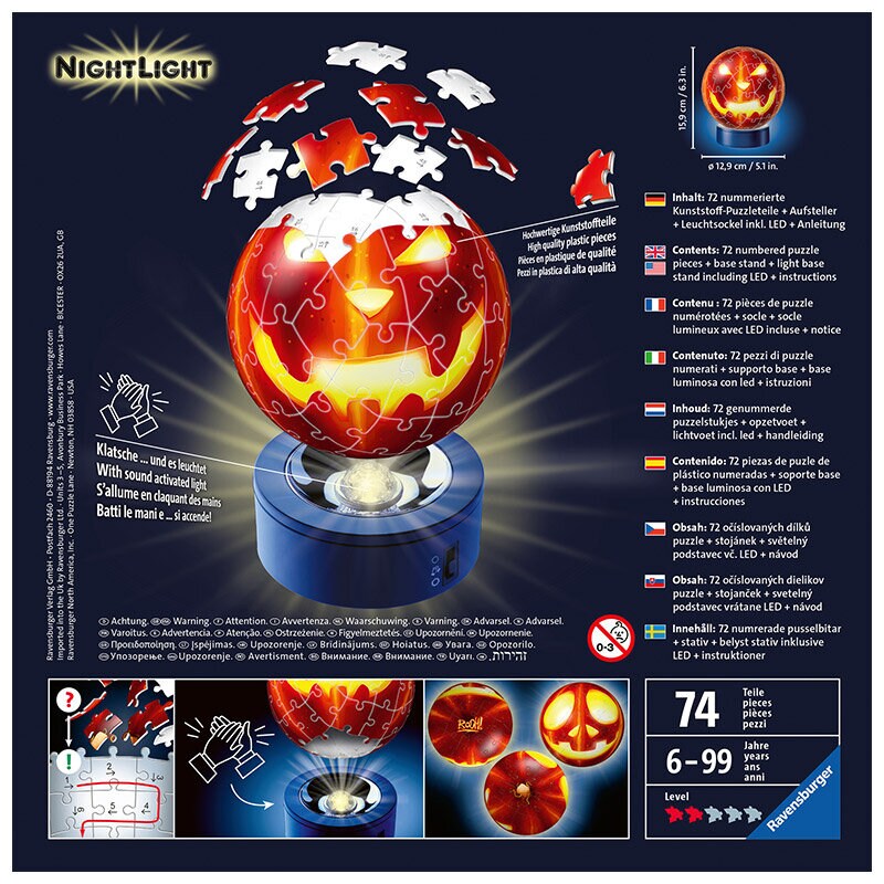 Ravensburger 3D Puslespil, Pumpkin with Night Light 72 brikker