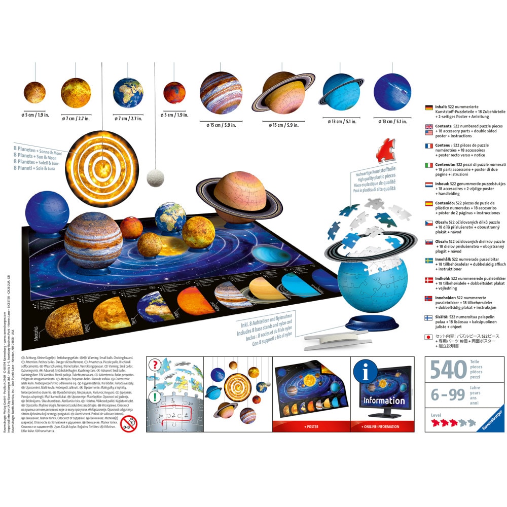 Ravensburger 3D Puslespil, The Solar System 27/54/72/108 brikker