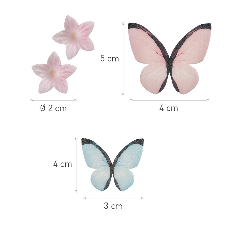 Kagedekorationer af vaffelpapir – Sommerfugle & blomster (A)