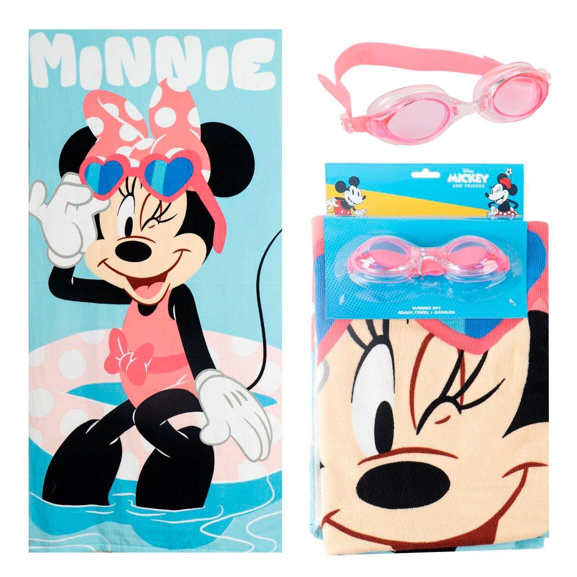 Minnie Mouse - Sæt med badehåndklæde og svømmebriller