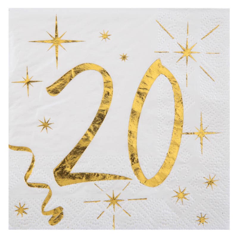 Servietter Hvid & Guld 20-årsfest 10 stk