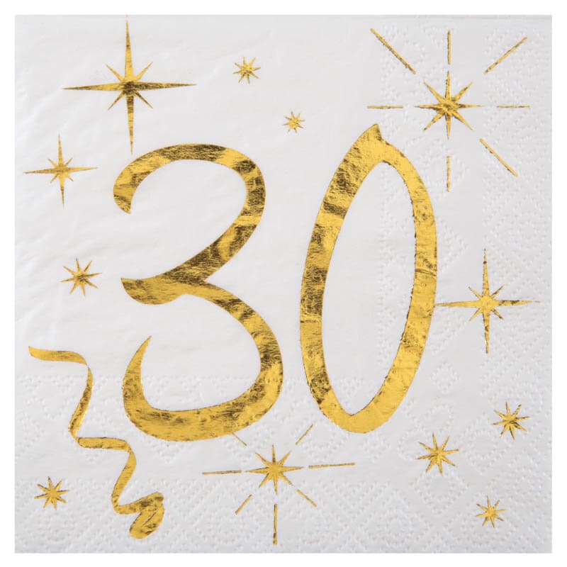 Servietter Hvid & Guld 30-årsfest 10 stk