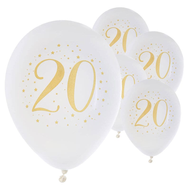 Balloner Hvid & Guld 20 år 8 stk