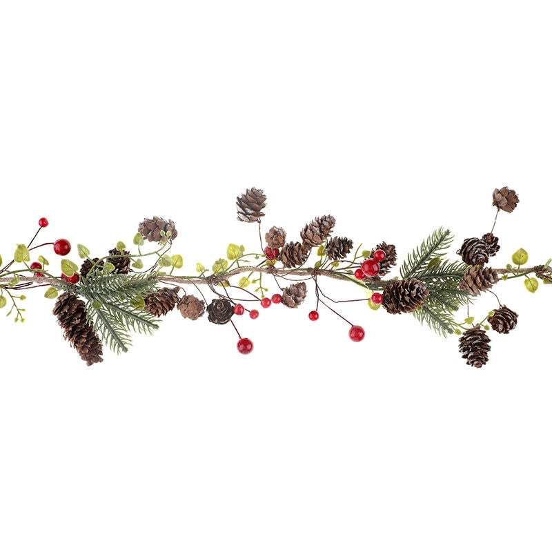 Blomsterguirlande med kogler og røde bær 120 cm