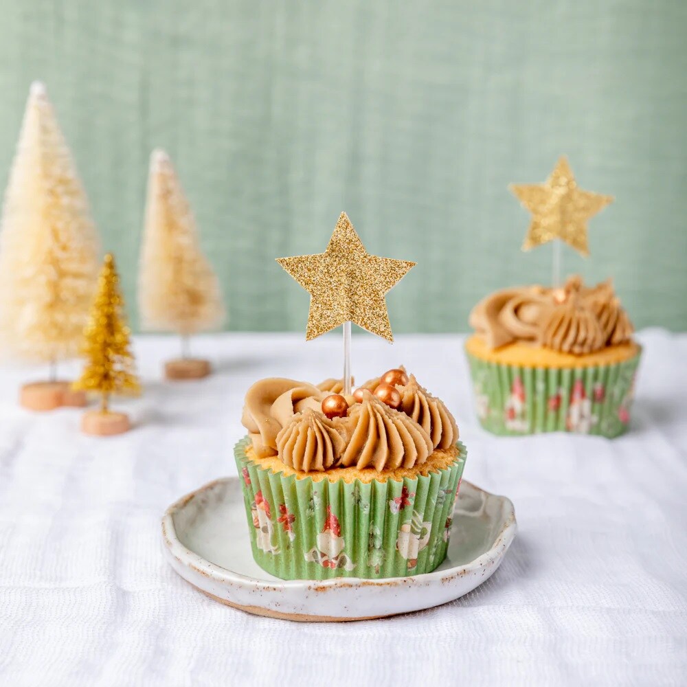 Partypicks med glitrende guldstjerner 12 stk.