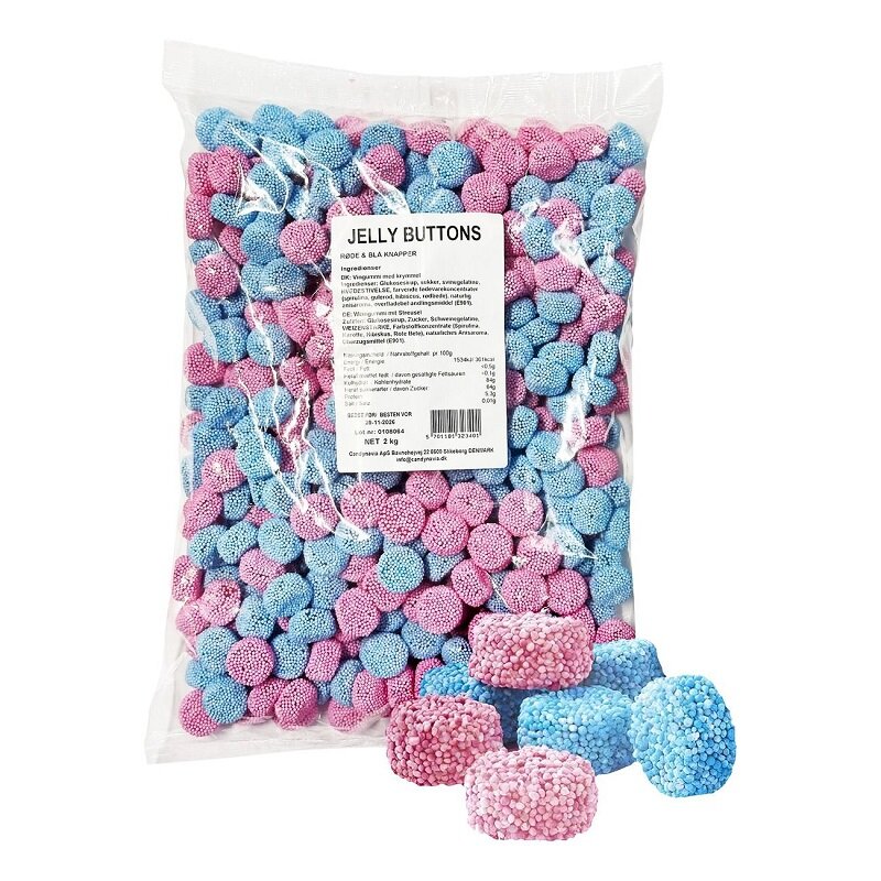 Jelly Buttons Lyserød & Blå knapper Stor pakke 2 kg