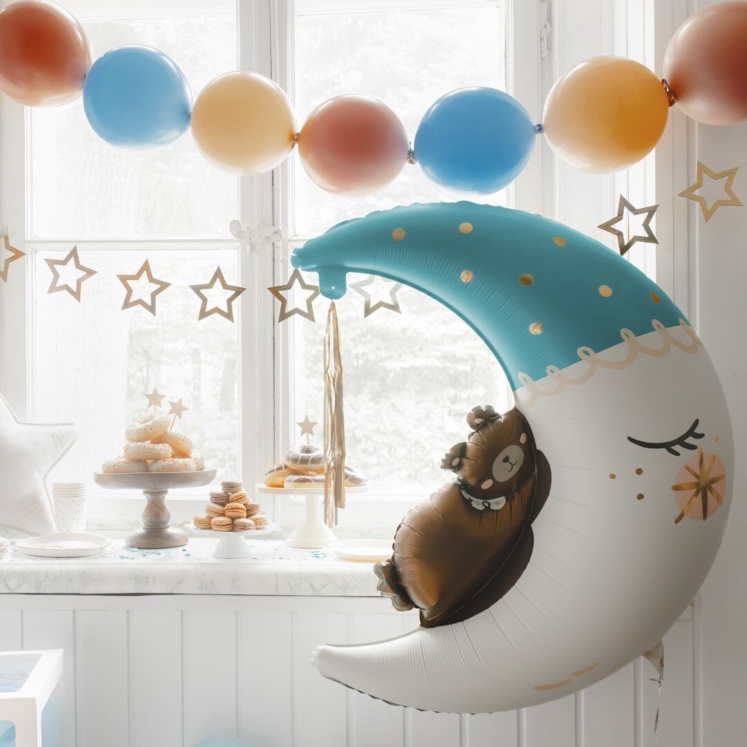 Folieballon - Halvmåne med teddybjørn blå 80 x 98 cm