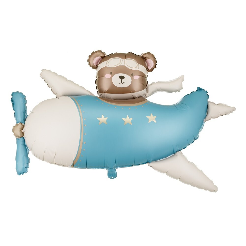 Folieballon Teddybjørn i blå flyvemaskine 94 cm