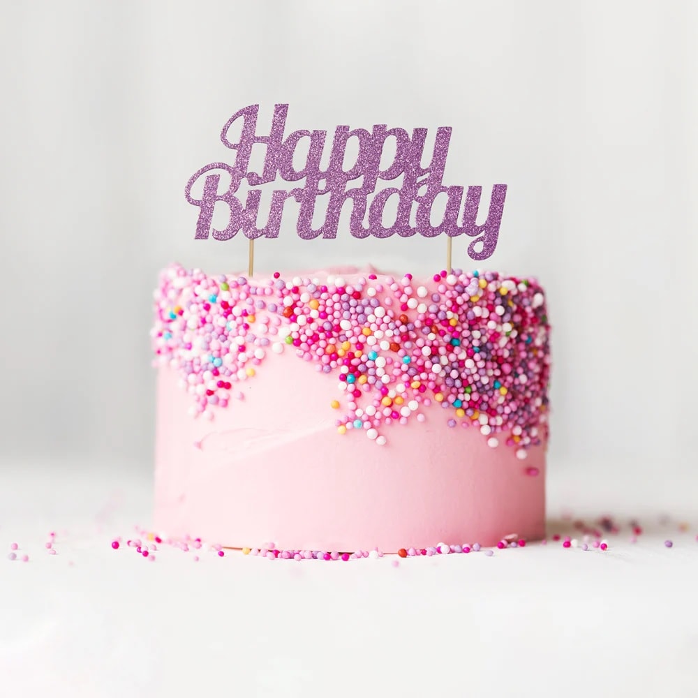 Kagedekoration Happy Birthday - Lyserød glitter