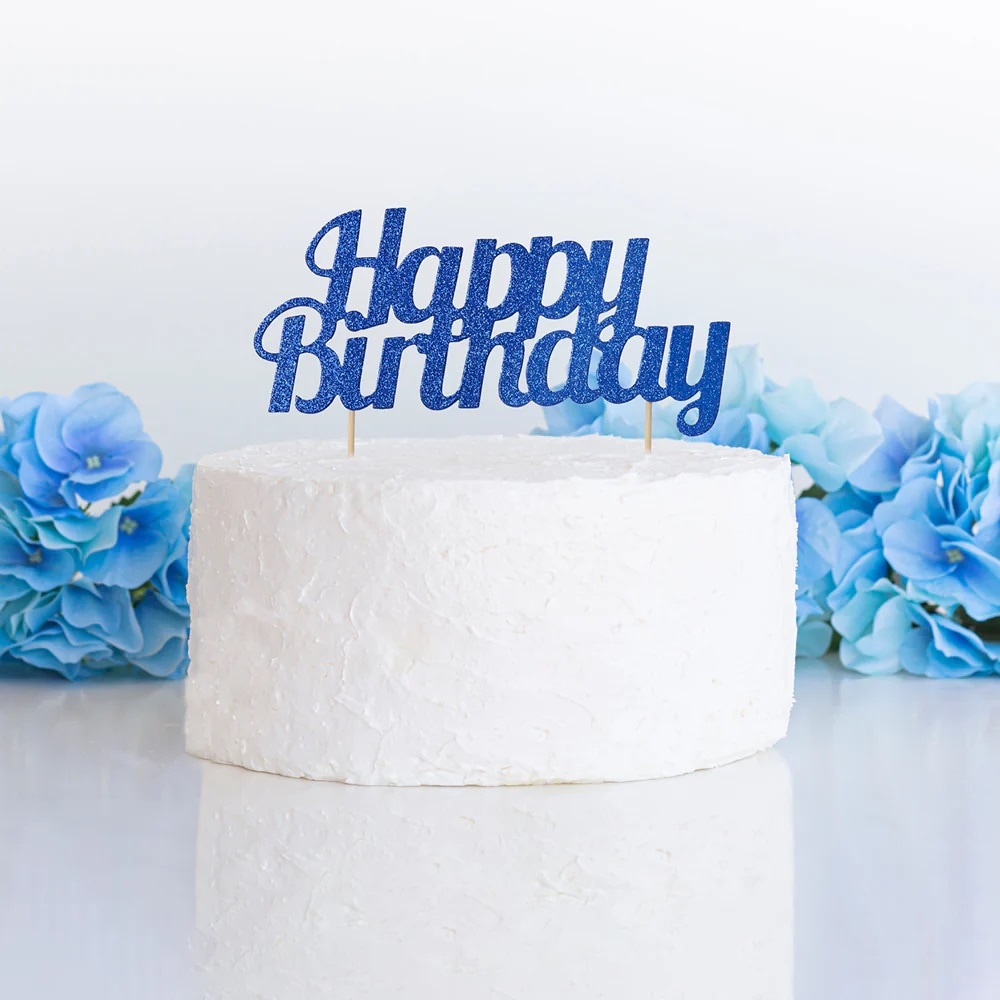 Kagedekoration Happy Birthday - Blå glitter