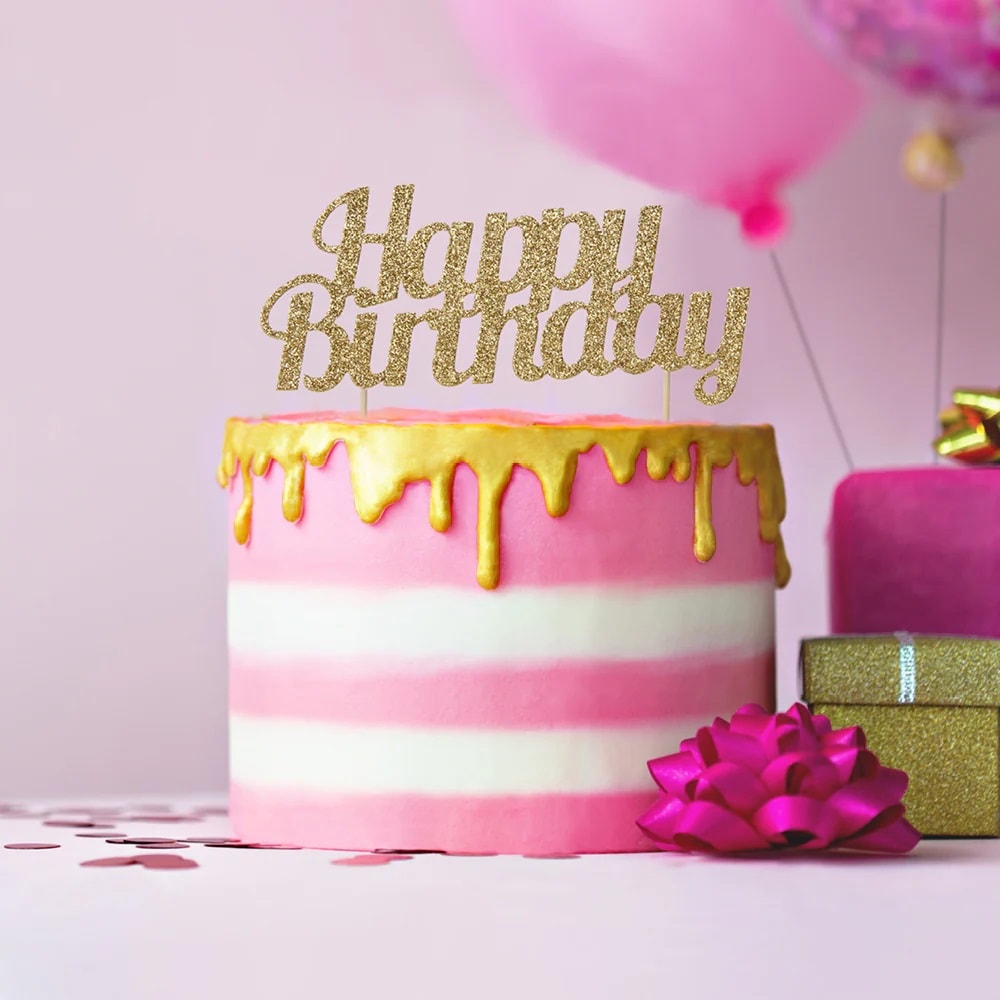 Kagedekoration Happy Birthday - Guld glitter