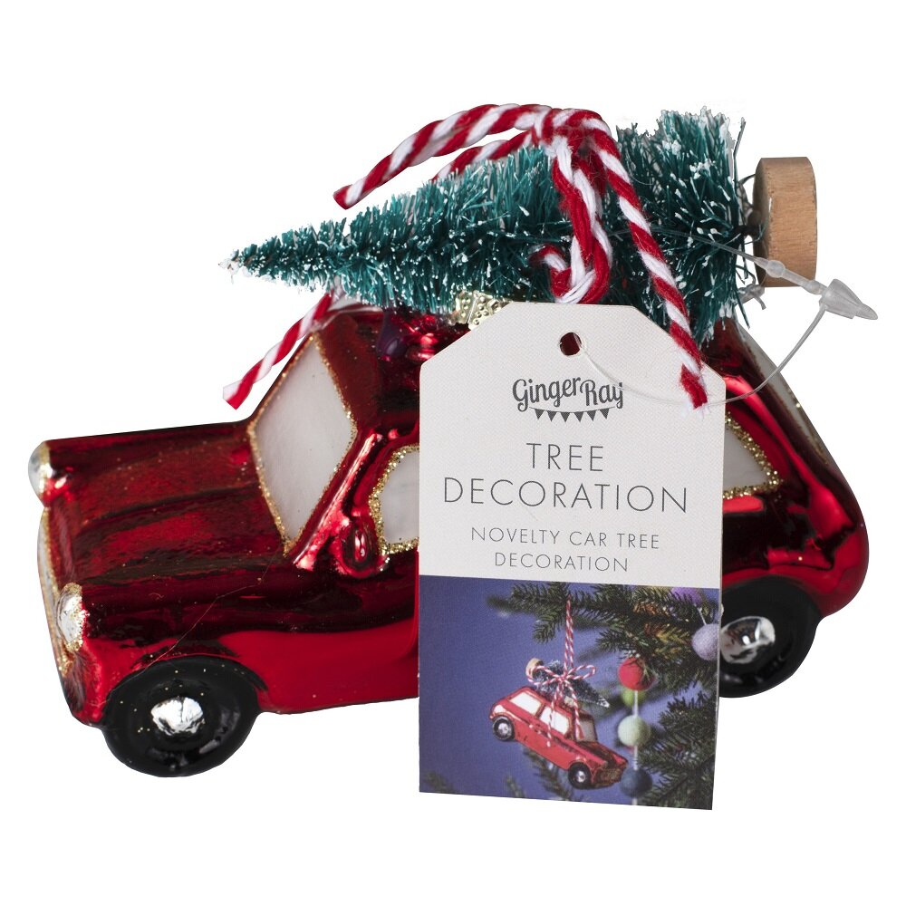 Juletræskugle - Rød bil med juletræ 9 x 6 cm