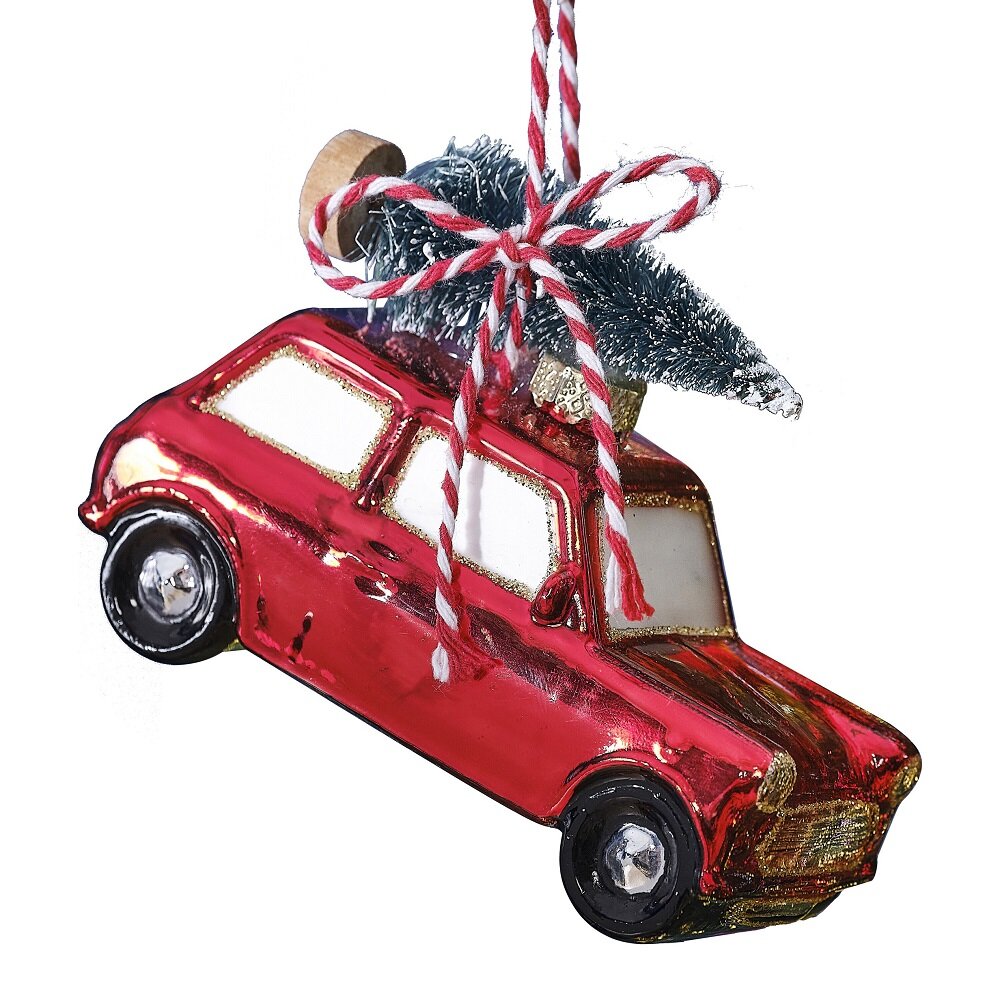 Juletræskugle - Rød bil med juletræ 9 x 6 cm