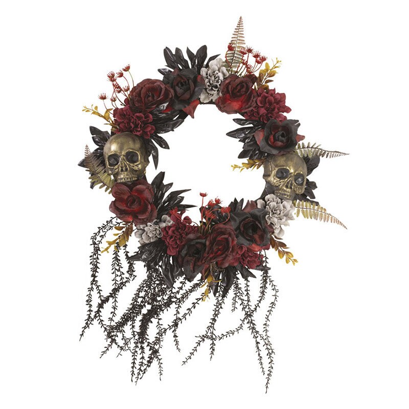 Halloween - Dørkrans med blomster og kranier