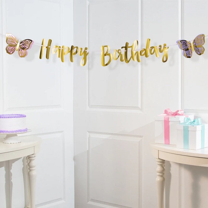 Skinnende Sommerfugl - Guirlande Happy Birthday 210 cm