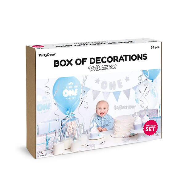 Dekorationssæt 1-årstema i blåt og sølv