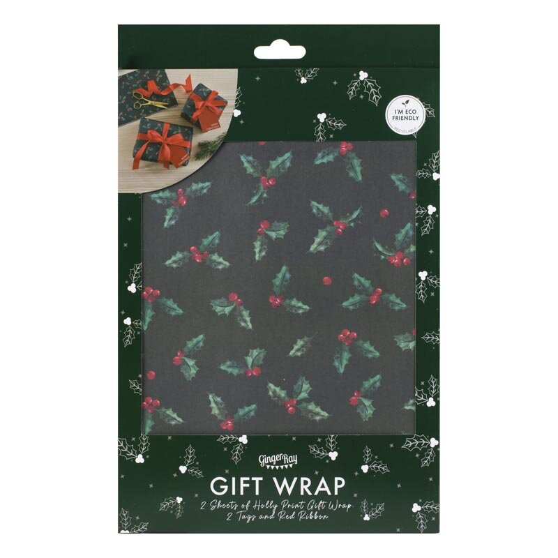 Gavepapirark med tilbehør - Kristtorn