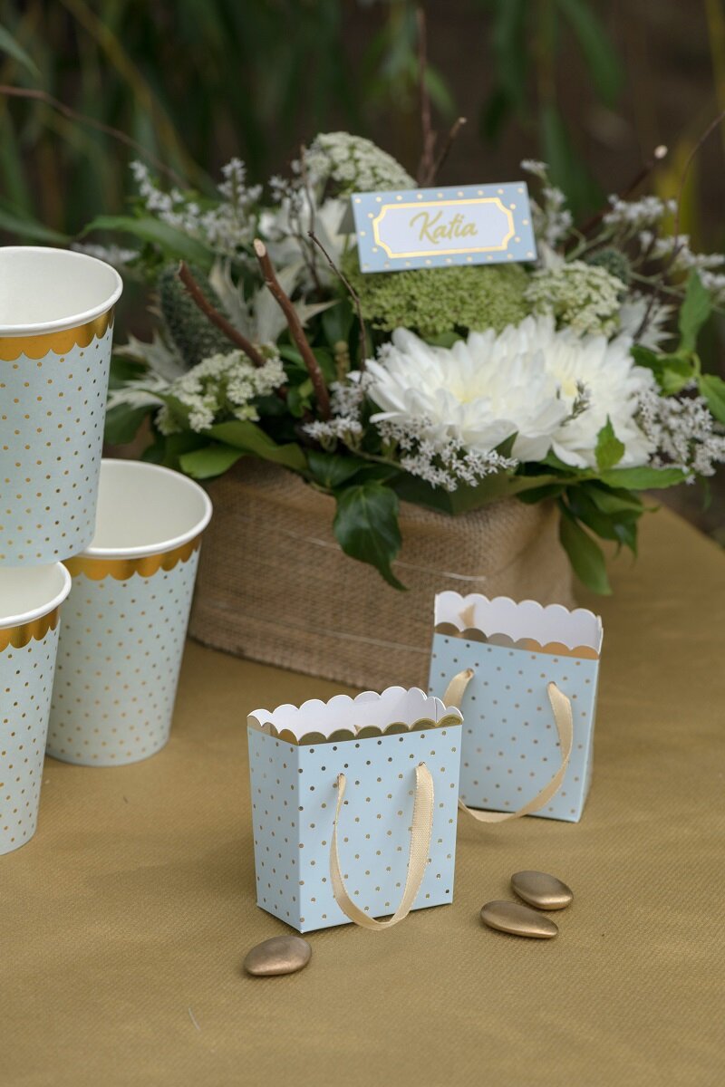 Små Gaveposer - Lyseblå & Guld 6 stk