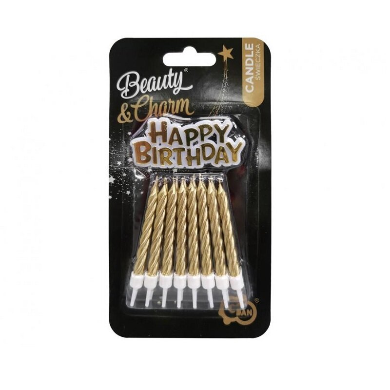 Kagelys Guld 16 stk med Happy Birthday skilt