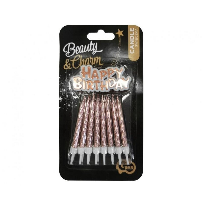 Kagelys Rosaguld 16 stk med Happy Birthday skilt