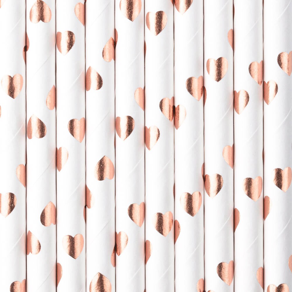 Papirsugerør - Rose-guld hjerter 10 stk