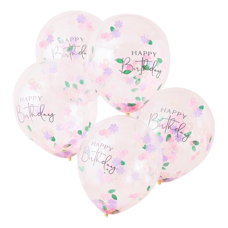Balloner, Happy Birthday med blomsterkonfetti 5 stk.