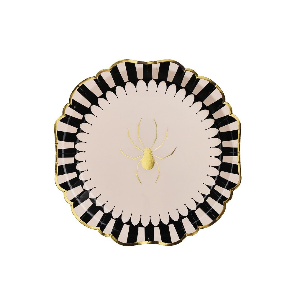 Halloween-tallerkener med guldedderkop 6 stk