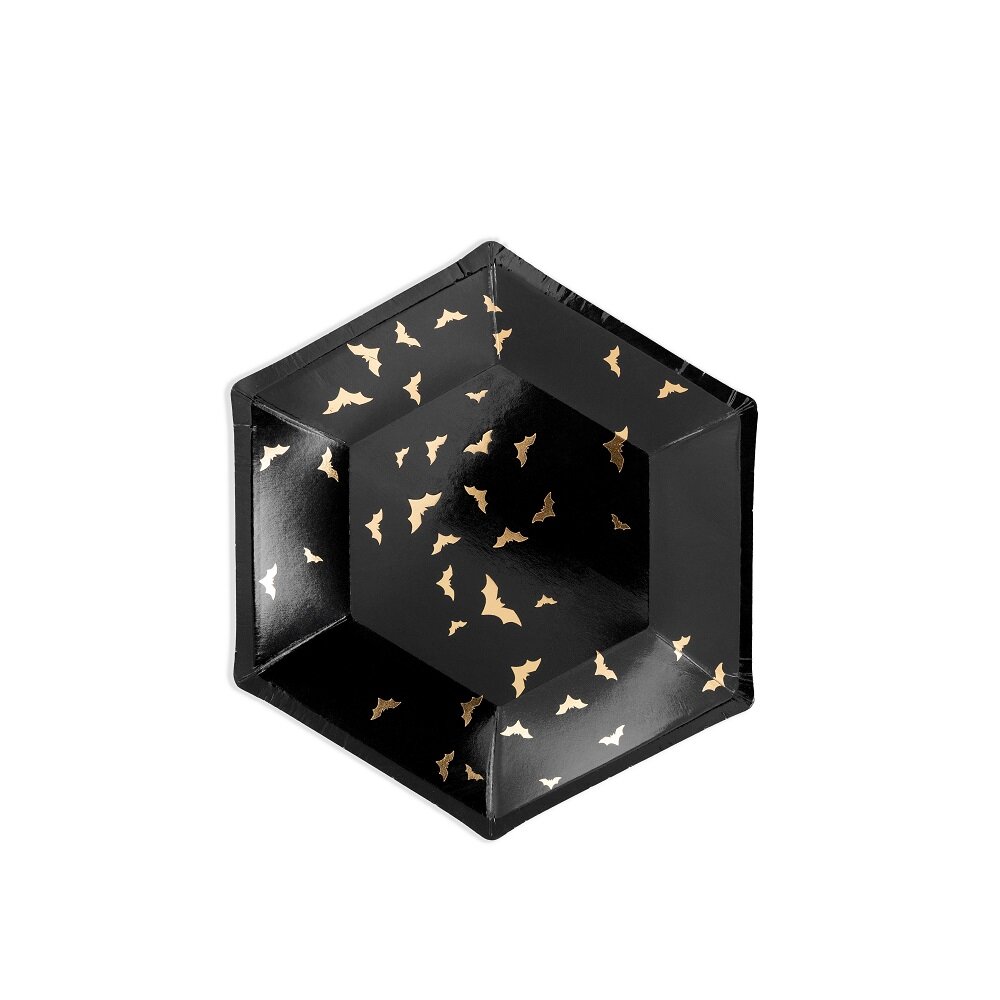 Halloweentallerkener med Guldflagermus 6 stk