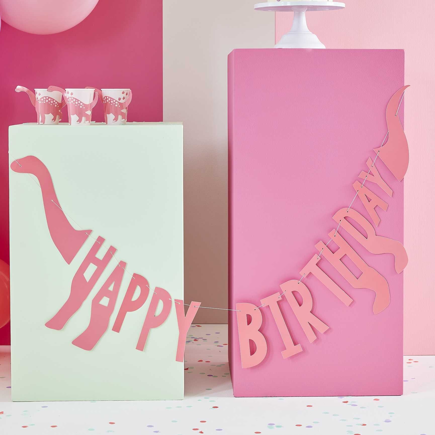 Dinosaur Roar Pink, Guirlande Happy Birthday 137 cm