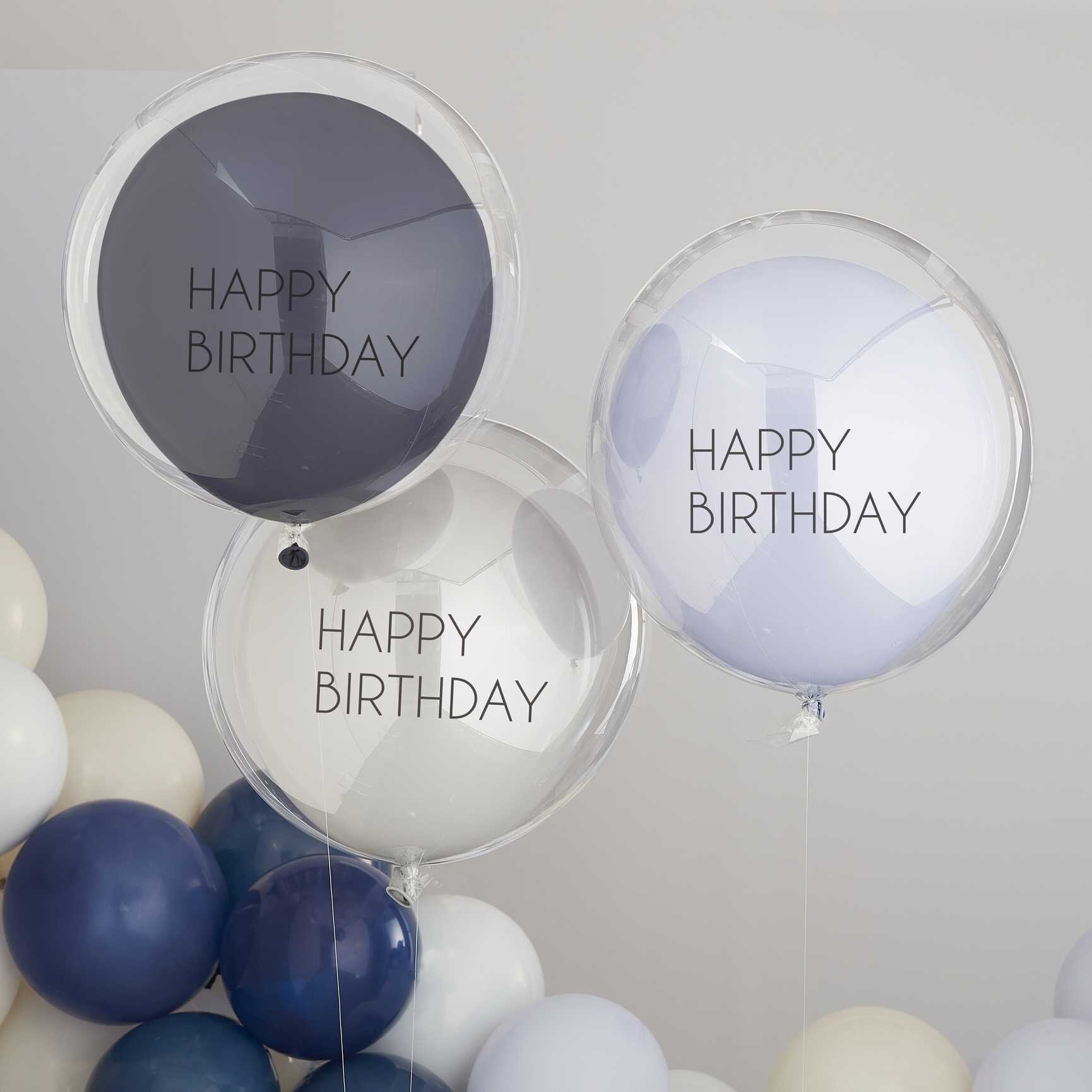 Balloner i dobbelt lag, Blå "Happy Birthday" 3 stk.