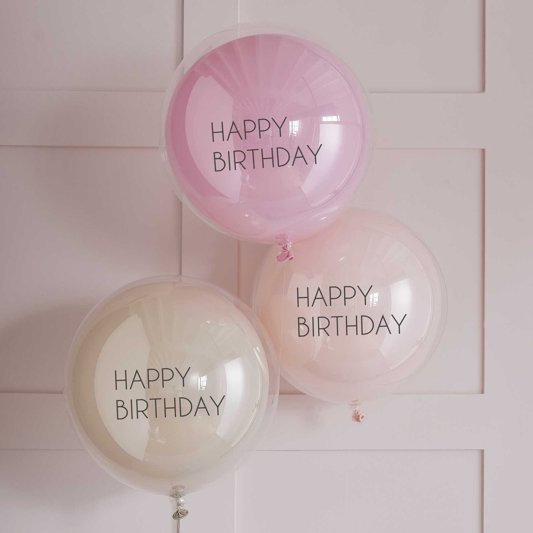 Balloner i dobbelt lag, Lyserød "Happy Birthday" 3 stk.