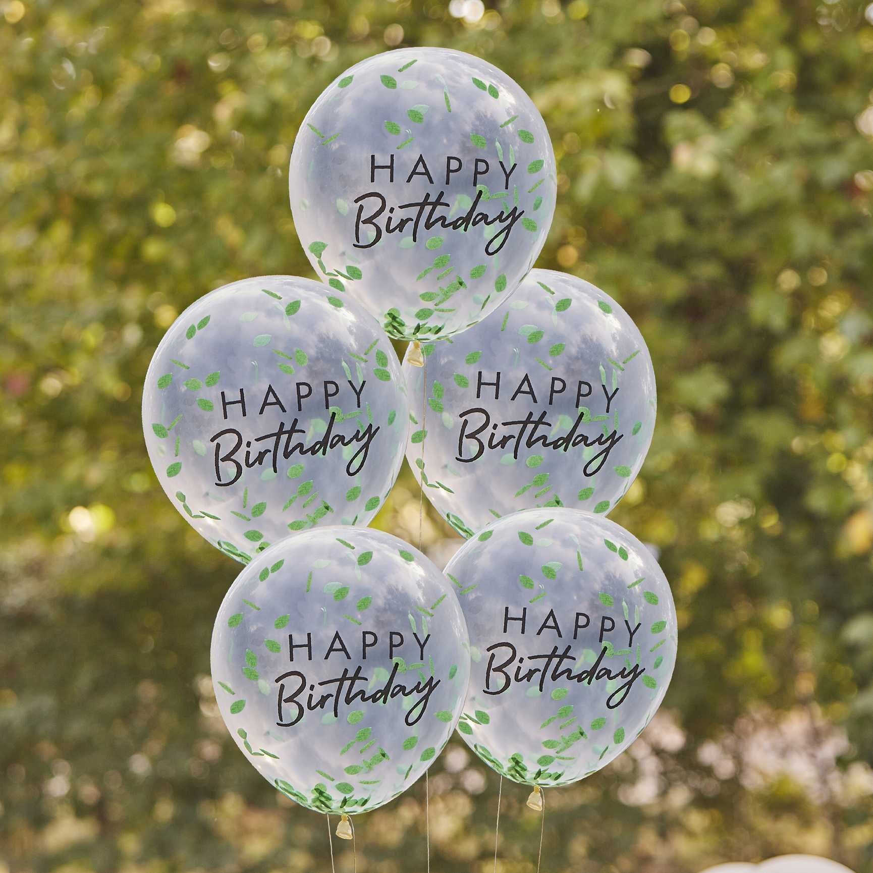 Balloner - Happy Birthday med bladkonfetti 5 stk.